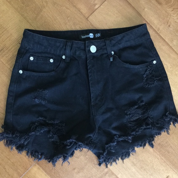 High Waisted Ripped Black Denim Shorts - Picture 1 of 3